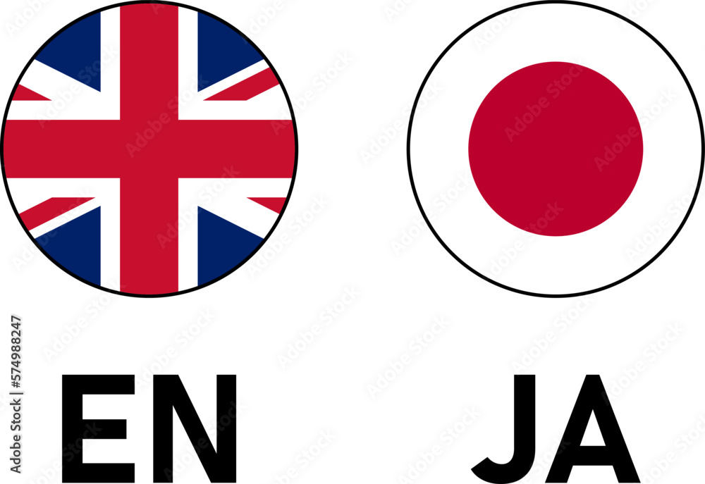 Poster round flag selection button badge icon set with uk united kingdom and japan flags with language code