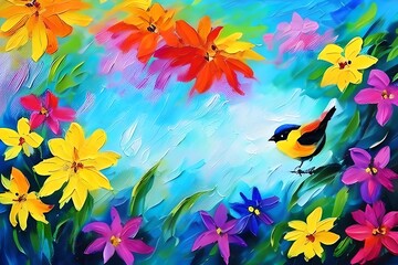 Abstract colorful oil, acrylic painting of bird and spring flower. Modern art paintings brush stroke on canvas. Illustration oil painting, animal and floral for background. Generative AI