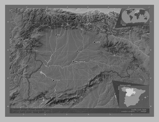 Castilla y Leon, Spain. Grayscale. Labelled points of cities