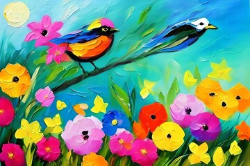 Obraz na płótnie Canvas Abstract colorful oil, acrylic painting of bird and spring flower. Modern art paintings brush stroke on canvas. Illustration oil painting, animal and floral for background. Generative AI