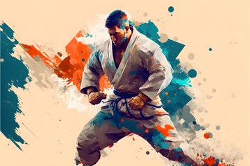 Tuinposter Graphic poster of a judo karate fighter on a vintage background © Tarun