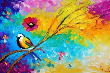 Abstract colorful oil, acrylic painting of bird and spring flower. Modern art paintings brush stroke on canvas. Illustration oil painting, animal and floral for background. Generative AI