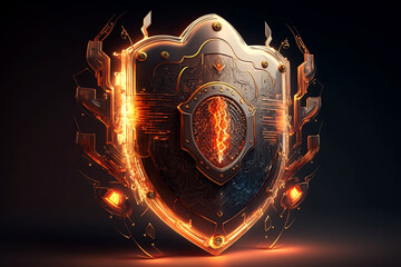 Fototapeta premium fiery burning shield is on fire. cybersecurity online on internet and data protection by antivirus and firewall. Generative AI