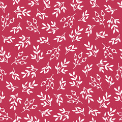 Summer seamless pattern with hand drawn leaves and berries. Magenta floral minimalist wallpaper design. Simple nature or garden theme background. Vector illustration on coloured background.