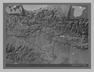 Comunidad Foral de Navarra, Spain. Grayscale. Labelled points of cities
