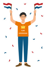 Smiling man in orange t-shirt with a crown holding national flags of the Netherlands and celebrating Koningsdag (King's Day). Vector illustration in flat style isolated on white background.