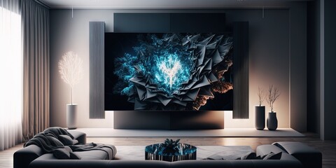 A modern television set with a large wall-mounted screen in the living room, Generative AI