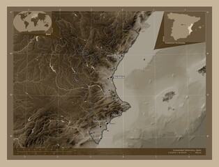 Comunidad Valenciana, Spain. Sepia. Labelled points of cities