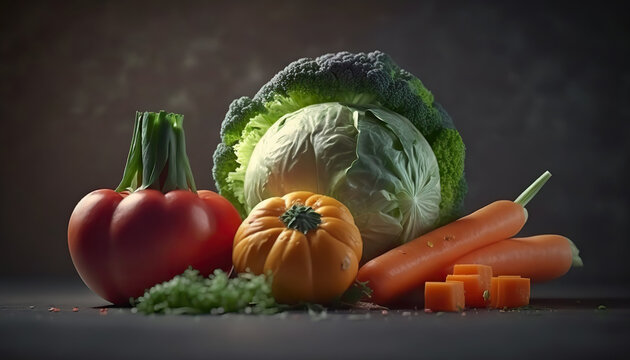 Assorted vegetables healthy organic food background concept. Vegetarian products. AI generative image.