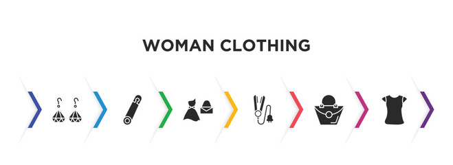 woman clothing filled icons with infographic template. glyph icons such as dangling earrings, perdible pin, feminine fashion, hair iron, handbag of female, polo shirt for women vector.