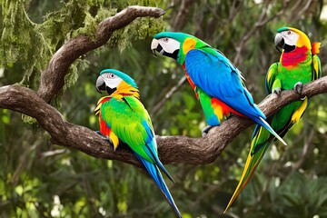 Bright parrots sit on a tree branch. Generative AI