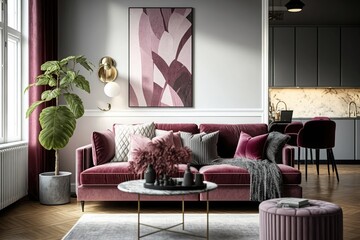 Modern living room with confortable burgundy sofa. Interior design. Generative AI