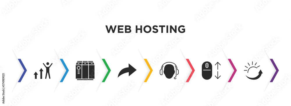 Poster web hosting filled icons with infographic template. glyph icons such as improve, raid, forwarding, t