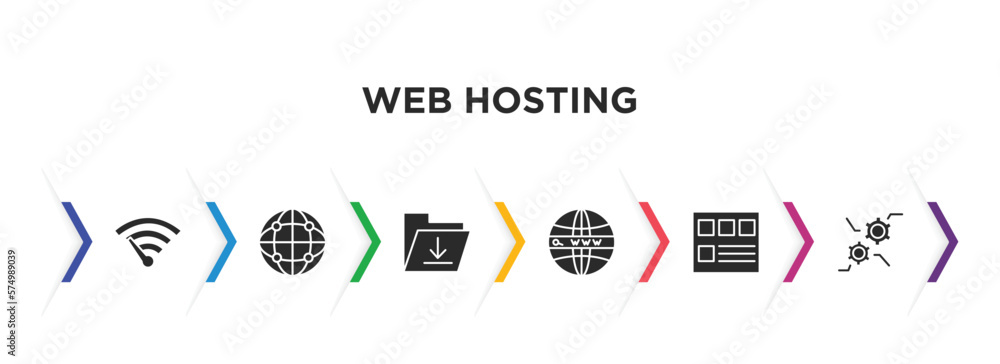 Poster web hosting filled icons with infographic template. glyph icons such as bandwidth, globe network, up