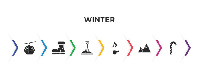 Naklejka premium winter filled icons with infographic template. glyph icons such as cable car cabin, snow boot, winter shovel, hot tea, snowy mountain, candy cane vector.