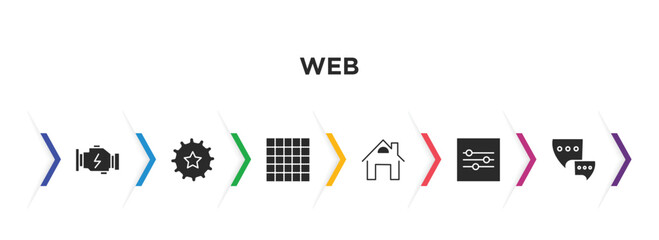web filled icons with infographic template. glyph icons such as engine, favorite up, grid on, home button, on slider, communication tool vector.