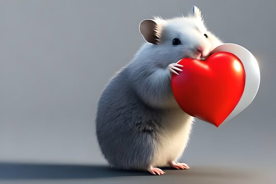 Cute hamster holding a heart. Valentines day concept Theme 3D render. Generative AI