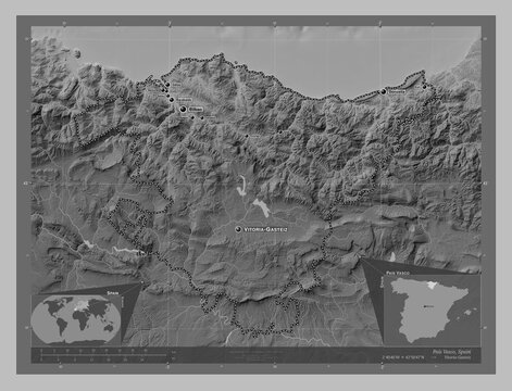 Pais Vasco, Spain. Grayscale. Labelled points of cities