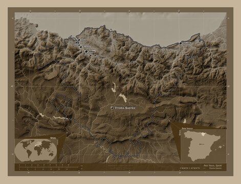 Pais Vasco, Spain. Sepia. Labelled points of cities