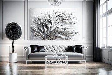 Modern living room with confortable light silver sofa. Interior design. Generative AI