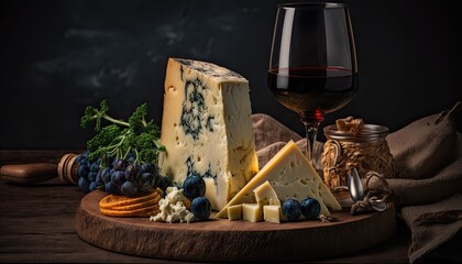 Bottle of red wine with grapes and a delicious cheese plate. Still life style. Generative AI