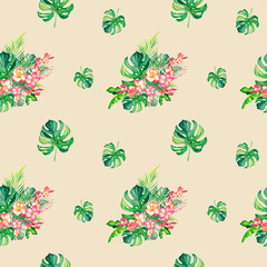 A pattern of tropical plants and plumeria. Monstera. The palm branch. Watercolor illustration. Nature of the tropics. Collage of monstera and palm trees. Mosaic.