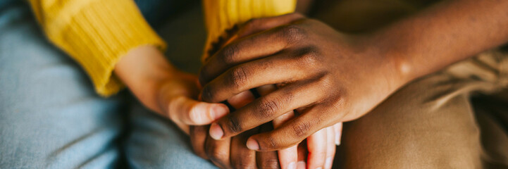 couple caucasian girl and young african american man, friends support each other in difficult...