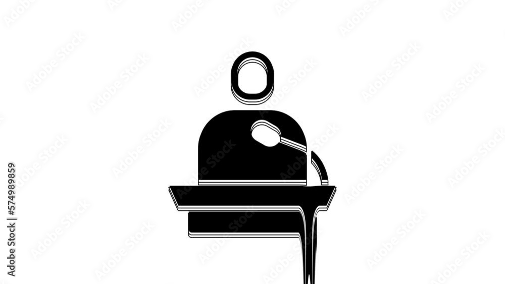 Poster black gives lecture icon isolated on white background. stand near podium. speak into microphone. the