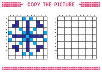 Copy the picture, complete the grid image. Educational worksheets drawing with squares, coloring areas. Preschool activities, children's games. Vector illustration, pixel art. Blue crystal snowflake.