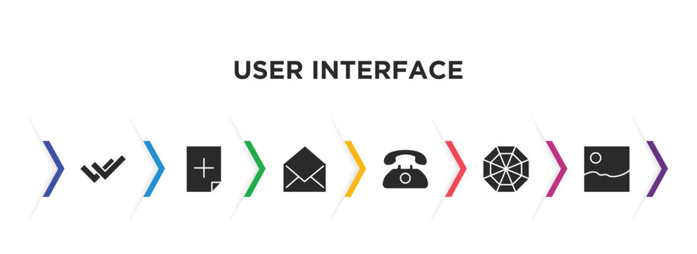 user interface filled icons with infographic template. glyph icons such as double checking, new file, envelope, telephone call, spider web, gallery vector.