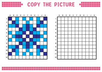 Copy the picture, complete the grid image. Educational worksheets drawing with squares, coloring cell areas. Preschool activities, children's games. Vector illustration, pixel art. Blue snowflake.