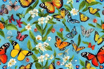 vintage nature seamless texture with birds and butterflies. watercolor painting. Generative AI