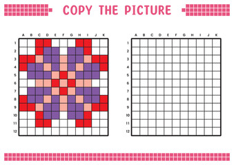Copy the picture, complete the grid image. Educational worksheets drawing with squares, coloring areas. Preschool activities, children's games. Vector illustration, pixel art. Purple pink red flower.