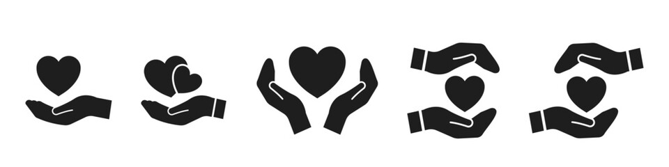Heart in hand icons set. Hands holding. Love icon. Health, medicine symbol. 