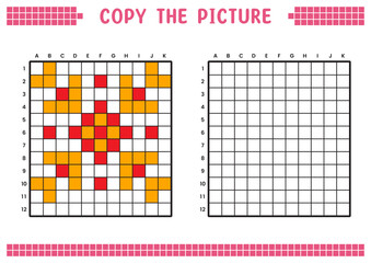 Copy the picture, complete the grid image. Educational worksheets drawing with squares, coloring areas. Preschool activities, children's games. Vector illustration, pixel art. Orange red flower.