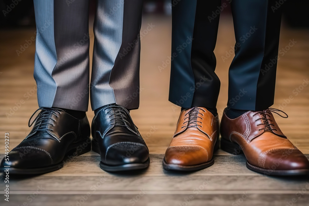 Wall mural Close-up at 2 business persons feet, wearing formal business court shoe and standing at working office. Generative Ai image.	
