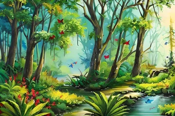 Foto op Canvas watercolor painting digital art high quality, of a forest landscape with birds, butterflies and trees. Generative AI © Pixel Matrix