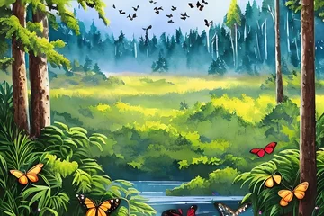 Gordijnen watercolor painting digital art high quality, of a forest landscape with birds, butterflies and trees. Generative AI © Pixel Matrix