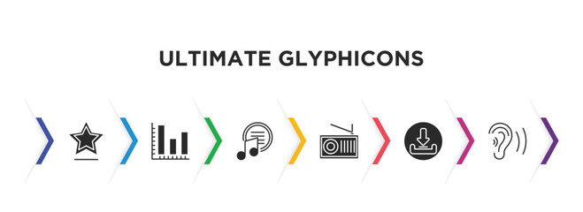ultimate glyphicons filled icons with infographic template. glyph icons such as star point, three bars graph, music menu, old radio with antenna, download arrow with bar, ear sound bar vector.