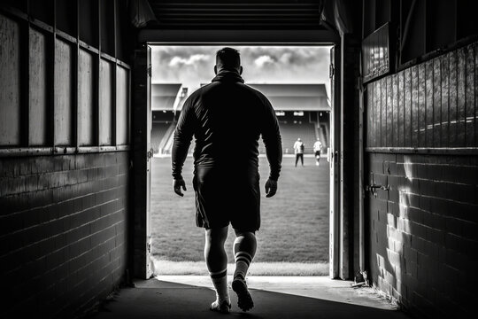 A fat man footballer is walking in the player tunnel out to the football pitch. Sport in challenge moment concept scene. Generative Ai image.