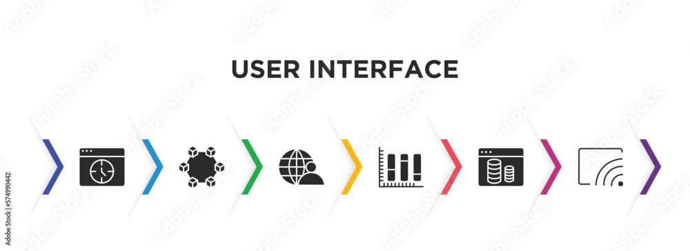 Poster user interface filled icons with infographic template. glyph icons such as window time, data interco