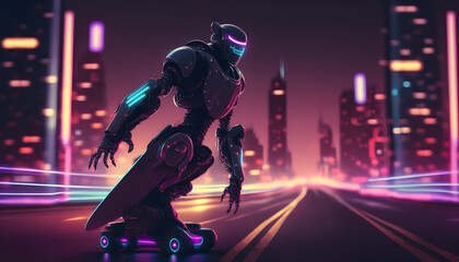 Futuristic robot skateboarding at night with skyscrapers, generative ai