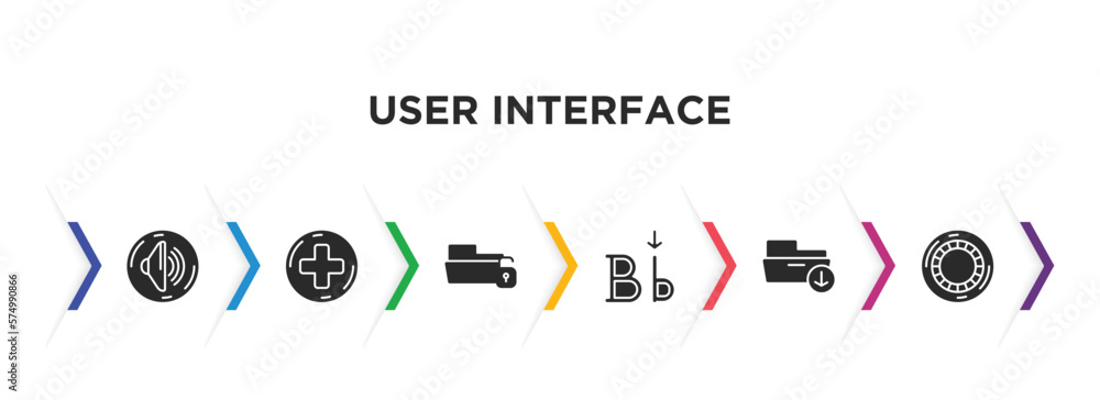 Aufkleber user interface filled icons with infographic template. glyph icons such as volume button, round add 