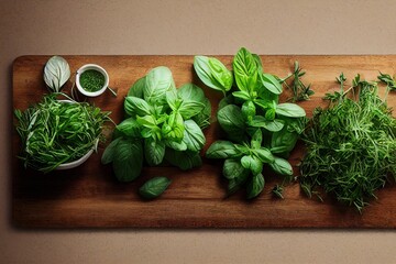 a Shot of Variety Fresh Herbs on Wooden Cutting Board Made With Generative AI