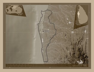 Puttalam, Sri Lanka. Sepia. Labelled points of cities