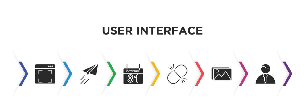 User Interface Filled Icons With Infographic Template. Glyph Icons Such As Screen In White, Paper Plane Flying, Octuber 31, Unlink, Images, News Reporters Vector.