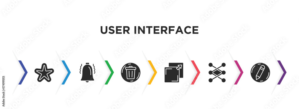 Poster user interface filled icons with infographic template. glyph icons such as rounded point star, alarm