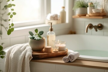 Obraz na płótnie Canvas White and Clean Bathroom with Fresh Plant Made With Generative AI