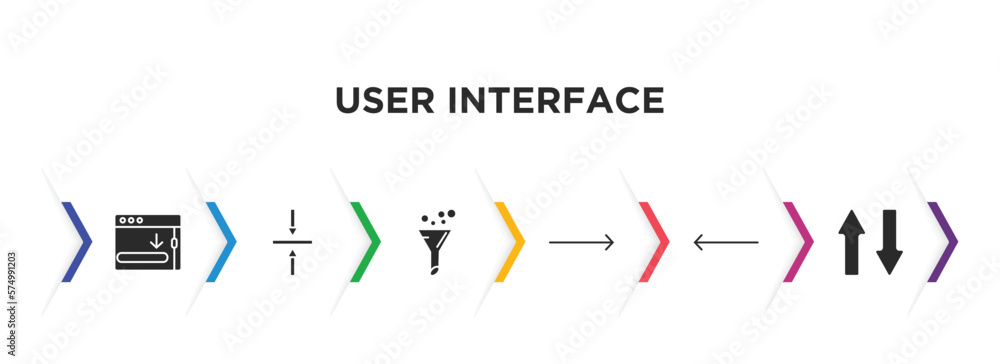 Poster user interface filled icons with infographic template. glyph icons such as window scrolling right, v