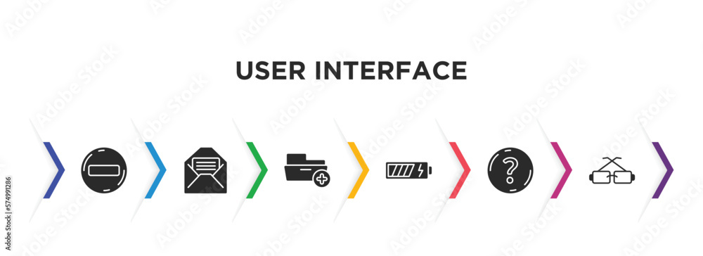 Poster user interface filled icons with infographic template. glyph icons such as remove round button, enve
